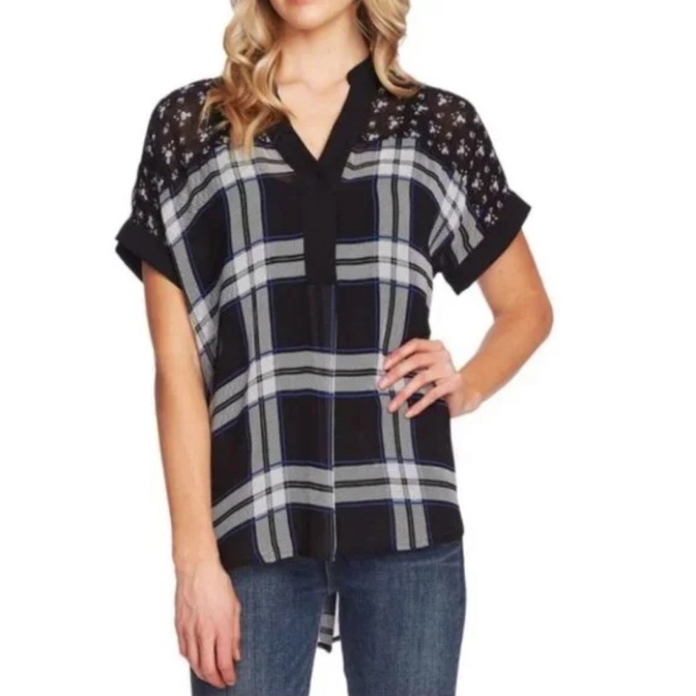 Vince Camuto Dolman Sleeve Mixed Print Blouse Black And White Plaid Size L